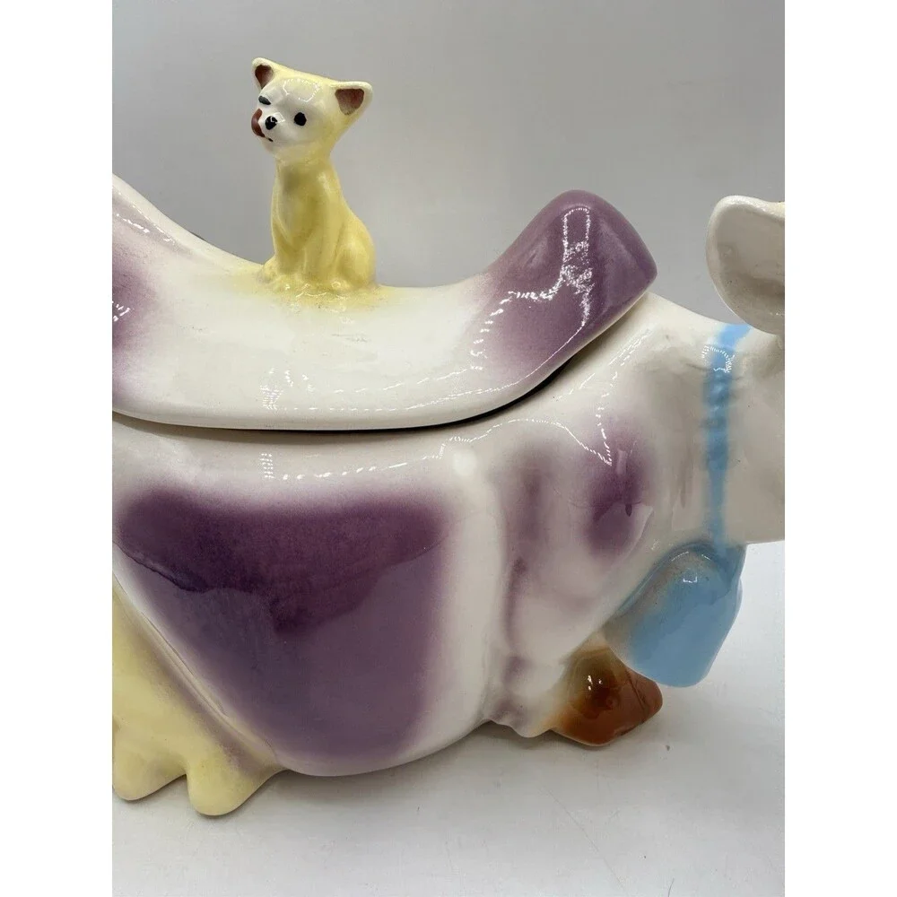 RARE McCoy W10 Cow Cookie Jar Cat On Back in PURPLE : Reissued By JD 1992